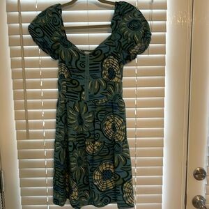 House of Harlow Linen Blend Puff Sleeves Blue Print Floral Mini Dress, XS